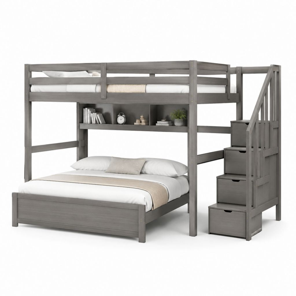 Letto a castello matrimoniale con letto singolo superiore in pino massello grigio con scala a cassetti 244 x 152 x 180 cm