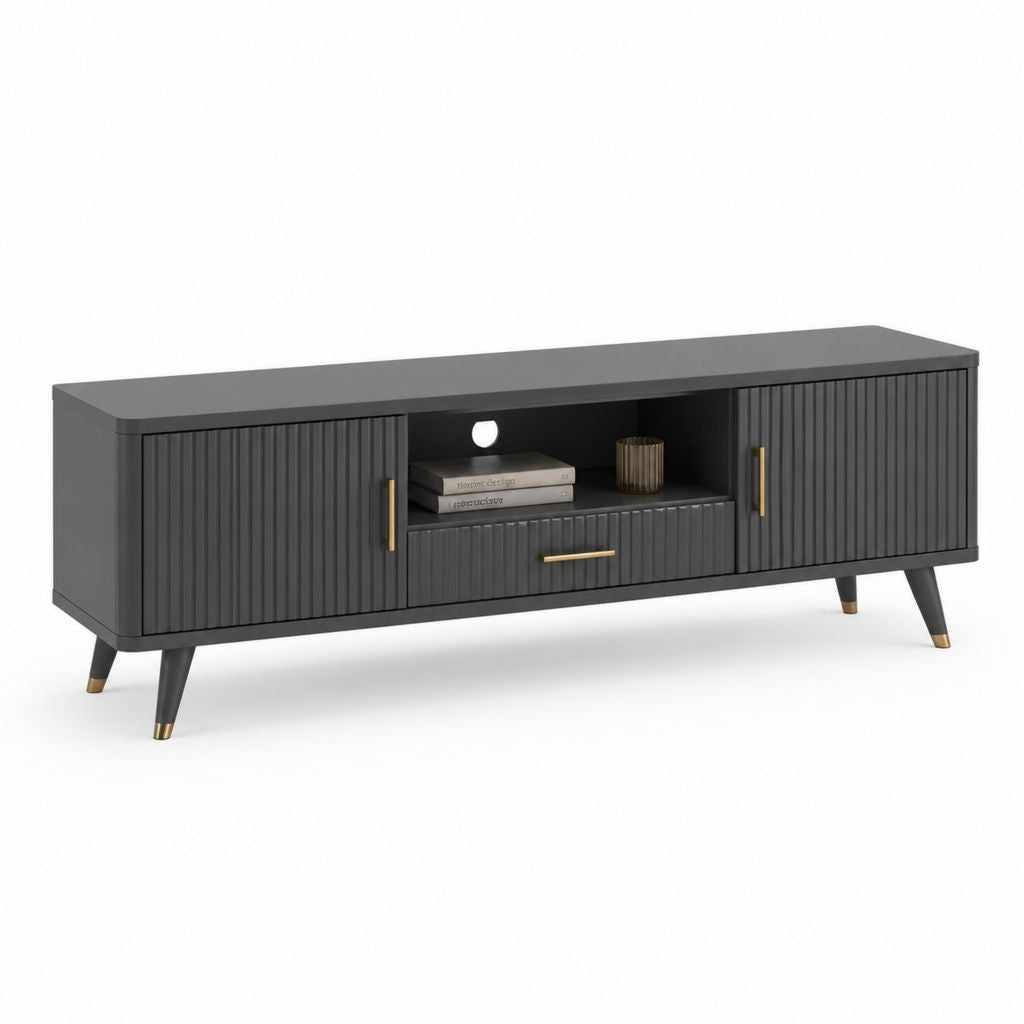 Mobile TV nero in MDF con ante scanalate e cassetto 180 x 40 x 55 cm