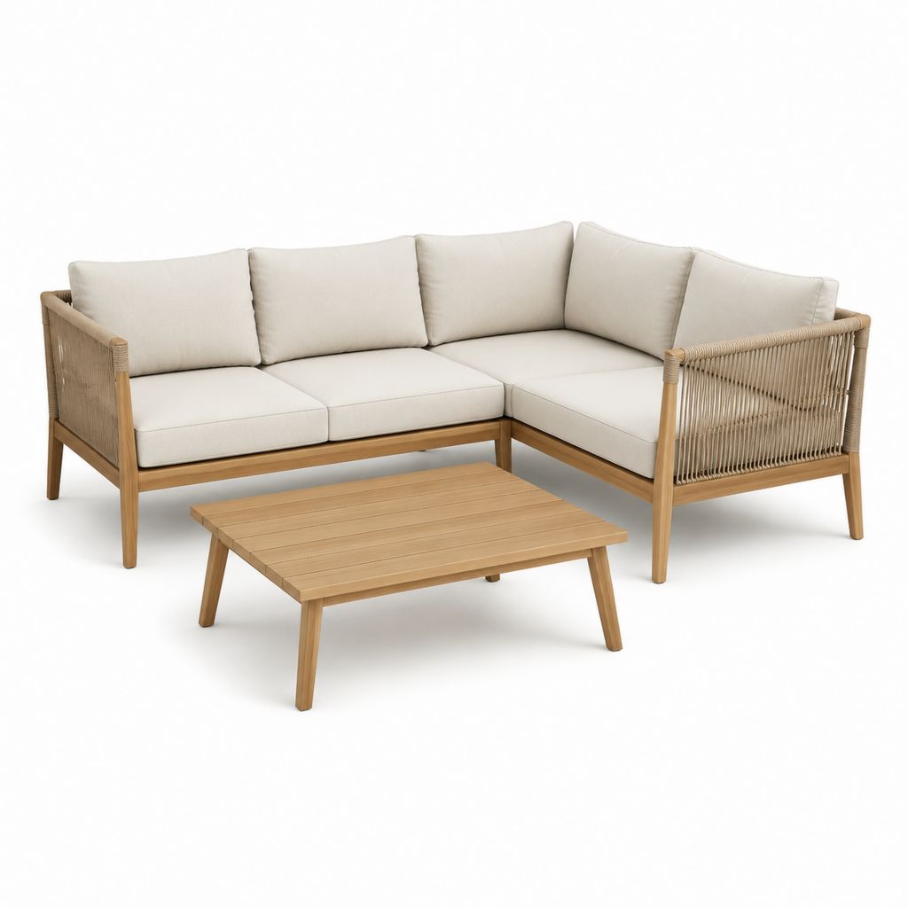 Salotto da giardino angolare 5 posti con tavolino beige in legno di acacia e corda PP 220 x 220 cm