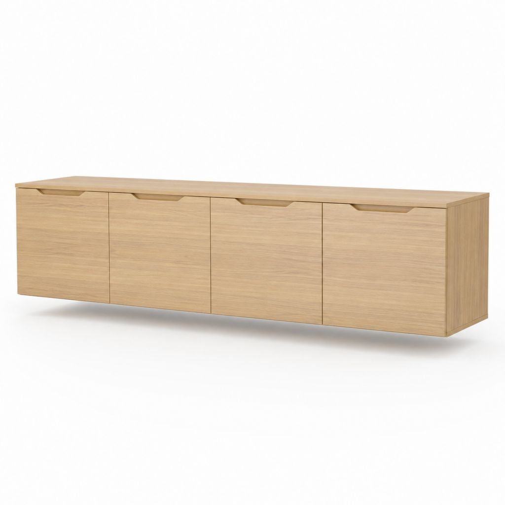 Mobile TV sospeso rovere chiaro in pannelli MDF rettangolare con 4 ante 200 x 40 x 45 cm