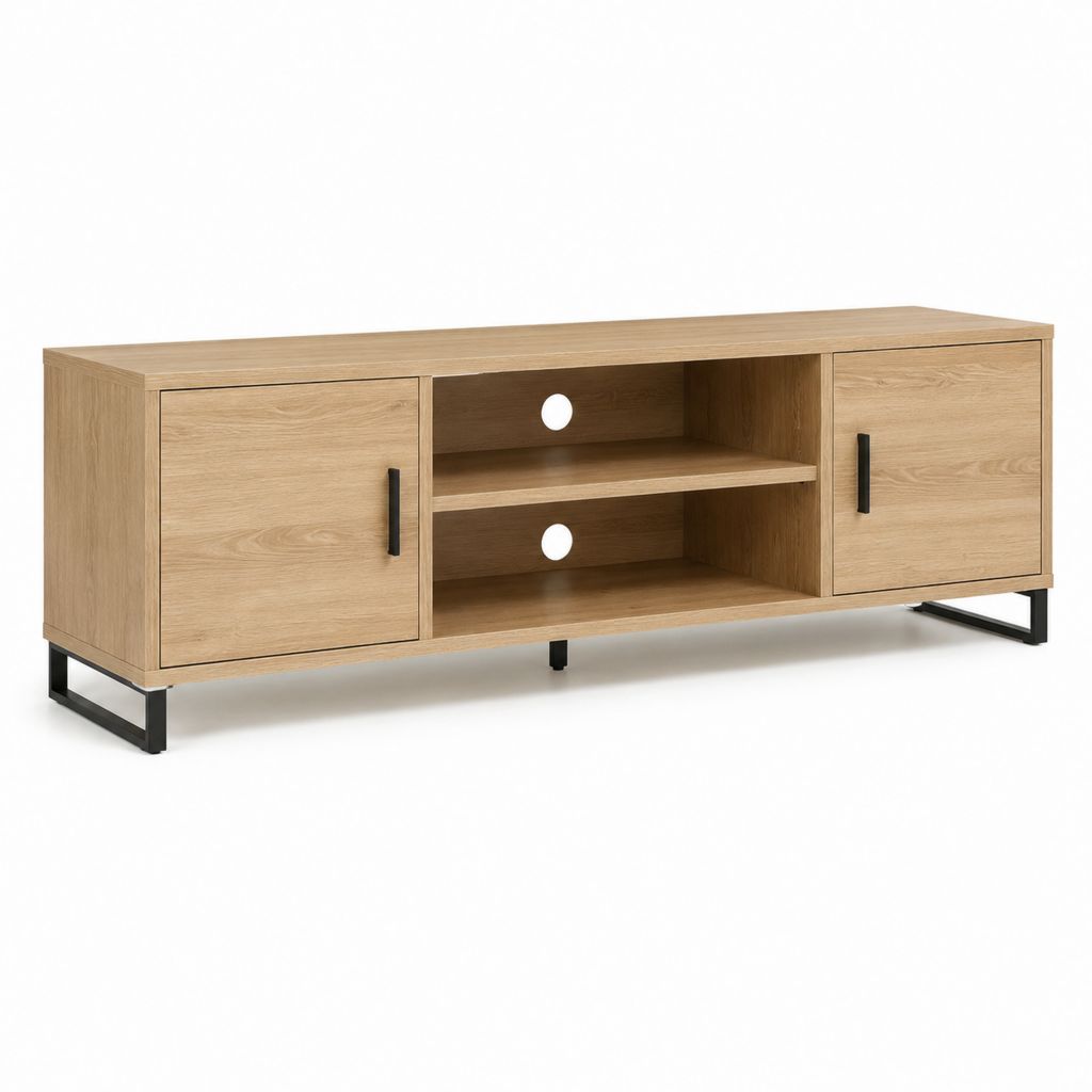 Mobile TV rettangolare rovere in pannelli di particelle con 2 ante e ripiani aperti 160 x 40 x 55 cm