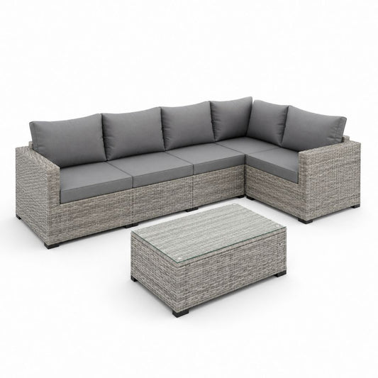 Set divano da giardino angolare 5 posti grigio in rattan PE con tavolino 250 x 190 x 75 cm