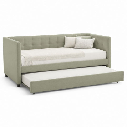 Letto singolo con letto estraibile verde salvia rivestito in poliestere 90 x 190 cm
