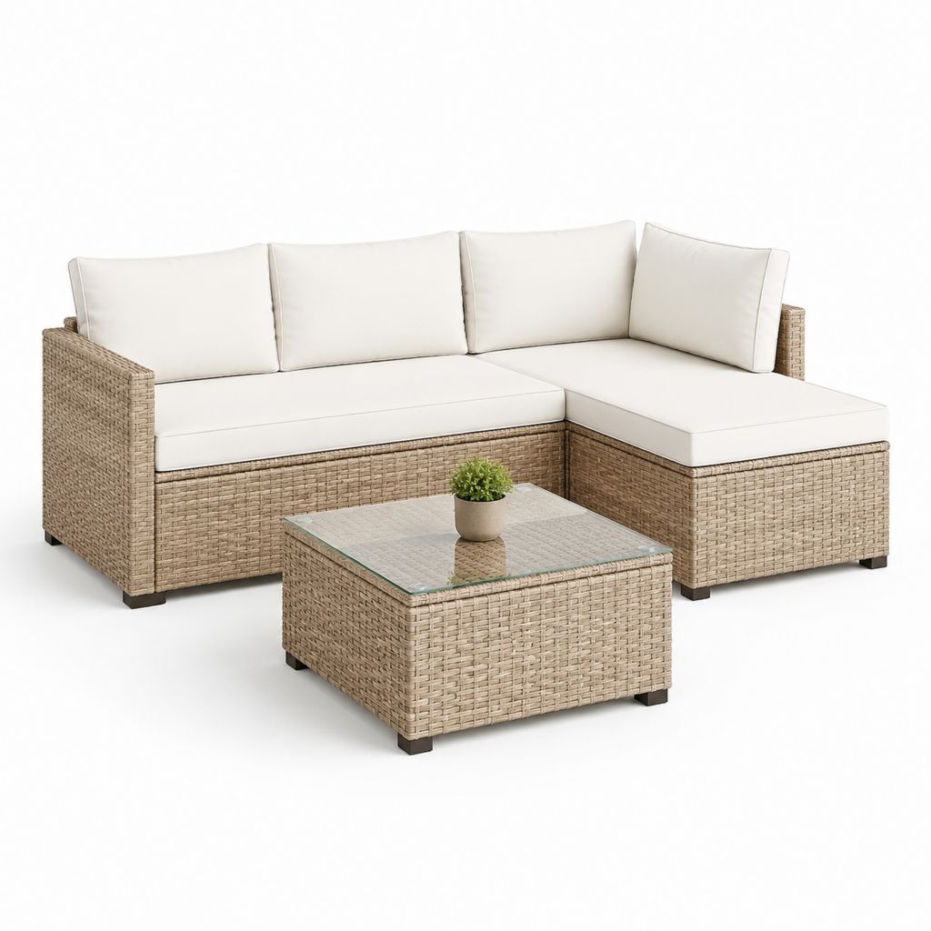 Set divano da giardino angolare beige in rattan PE con tavolino in vetro 210 x 140 x 65 cm
