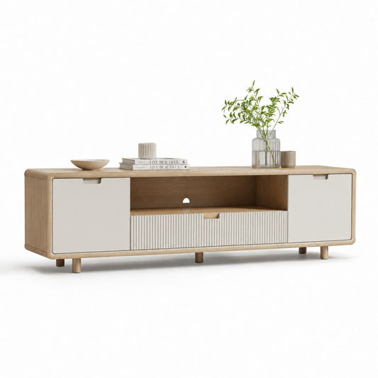 Mobile TV basso con 2 ante e cassetto rovere naturale e bianco in MDF 180 x 40 x 55 cm