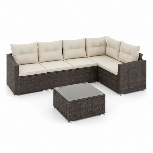 Set divano angolare da giardino 6 pezzi marrone in rattan sintetico PE con cuscini beige e tavolino in vetro 210 x 210 x 75 cm