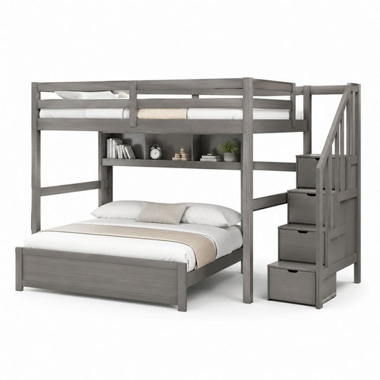 Letto a castello matrimoniale con letto singolo superiore in pino massello grigio con scala a cassetti 244 x 152 x 180 cm