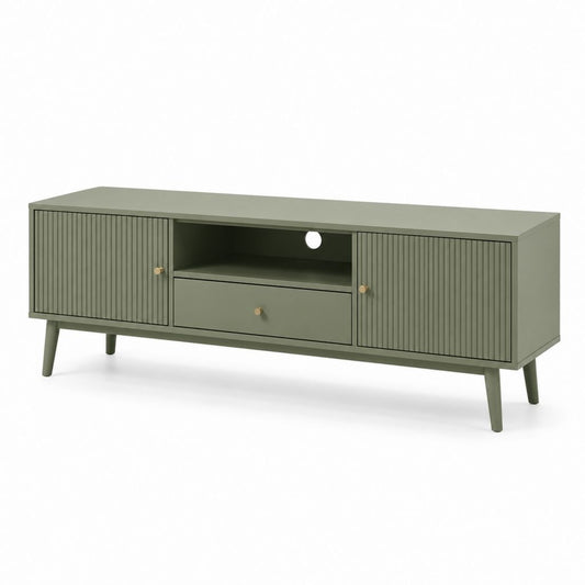 Mobile TV verde salvia in MDF rettangolare con 2 ante 1 cassetto e vano aperto 160 x 40 x 55 cm