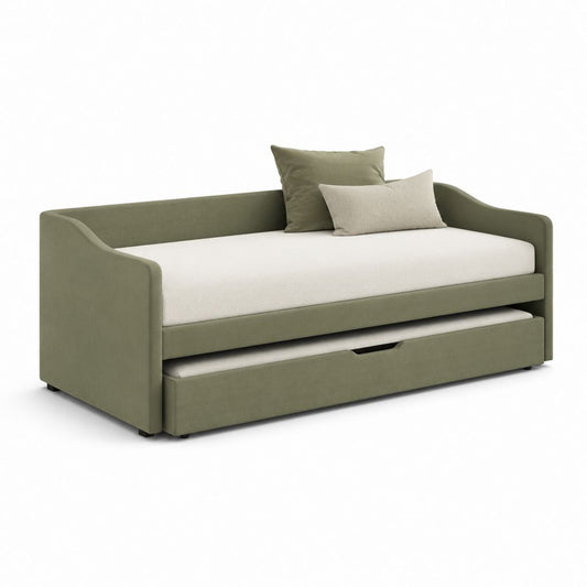 Divano letto estraibile verde oliva e avorio in poliestere 210 x 98 x 85 cm con due posti letto 90 x 200 cm