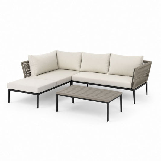 Set divano angolare da giardino con tavolino beige e tortora in alluminio e corda sintetica 250 x 160 cm