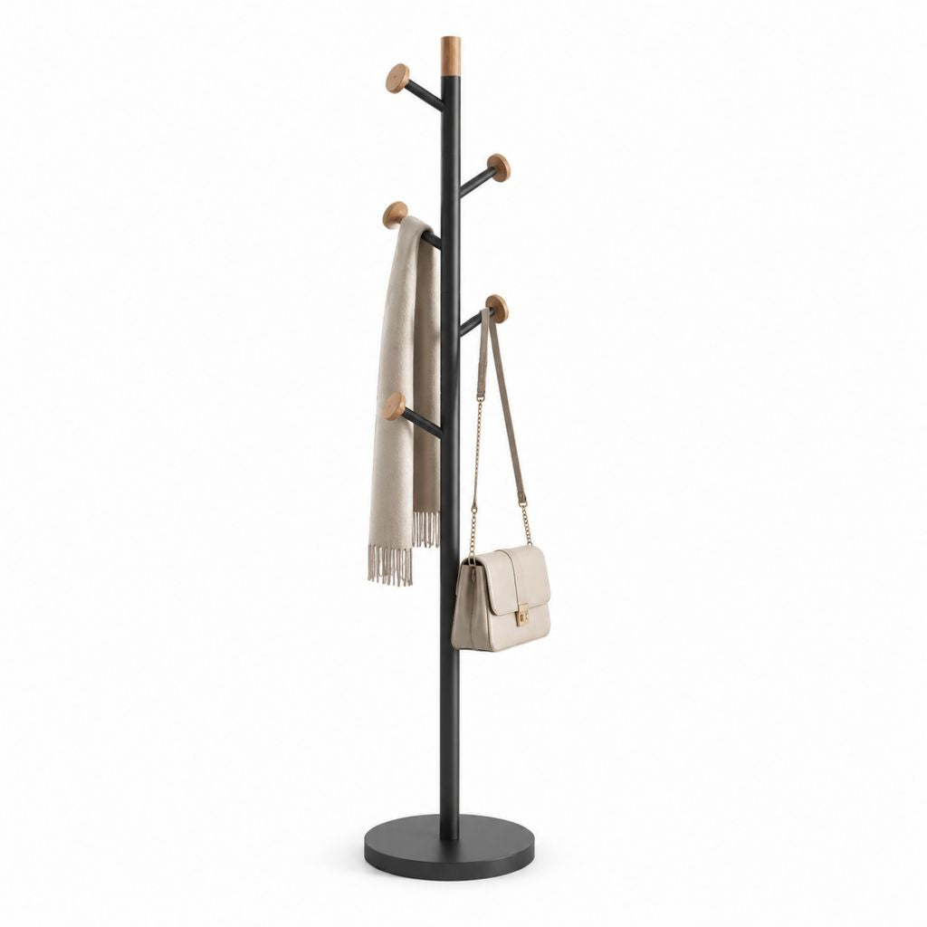 Appendiabiti da terra nero in acciaio e legno massello con 5 ganci 40 x 40 x 175 cm