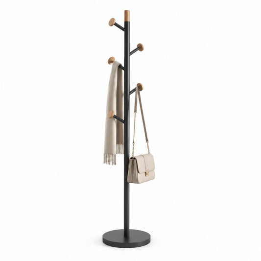 Appendiabiti da terra nero in acciaio e legno massello con 5 ganci 40 x 40 x 175 cm