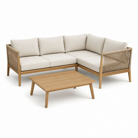 Salotto da giardino angolare 5 posti con tavolino beige in legno di acacia e corda PP 220 x 220 cm