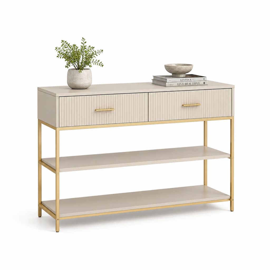 Consolle da ingresso con 2 cassetti e 2 ripiani beige e oro in MDF e acciaio 120 x 35 x 80 cm