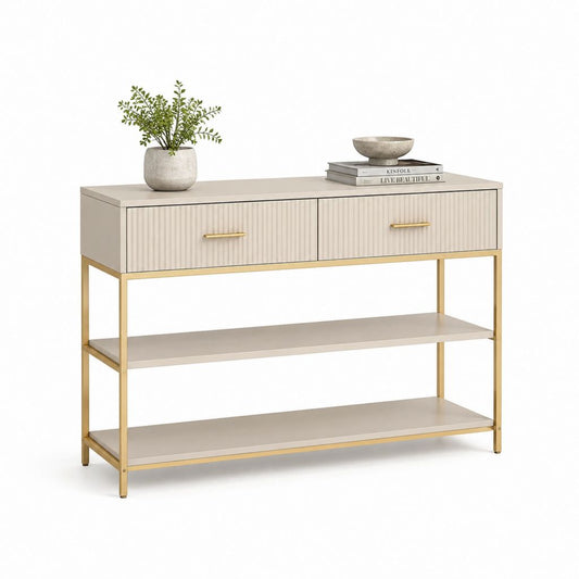 Consolle da ingresso con 2 cassetti e 2 ripiani beige e oro in MDF e acciaio 120 x 35 x 80 cm