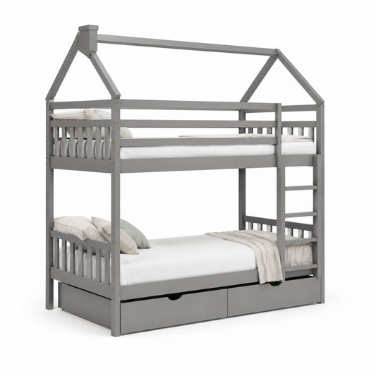 Letto a castello per bambini grigio in legno massello di pino a forma di casetta 90 x 200 cm con scala e 2 cassetti