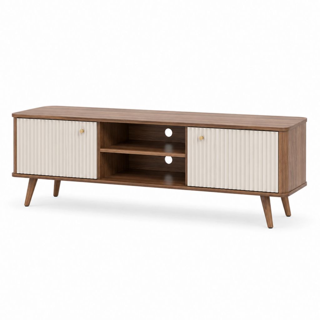 Mobile TV rettangolare noce e beige in MDF 160 x 40 x 55 cm con 2 ante e ripiani
