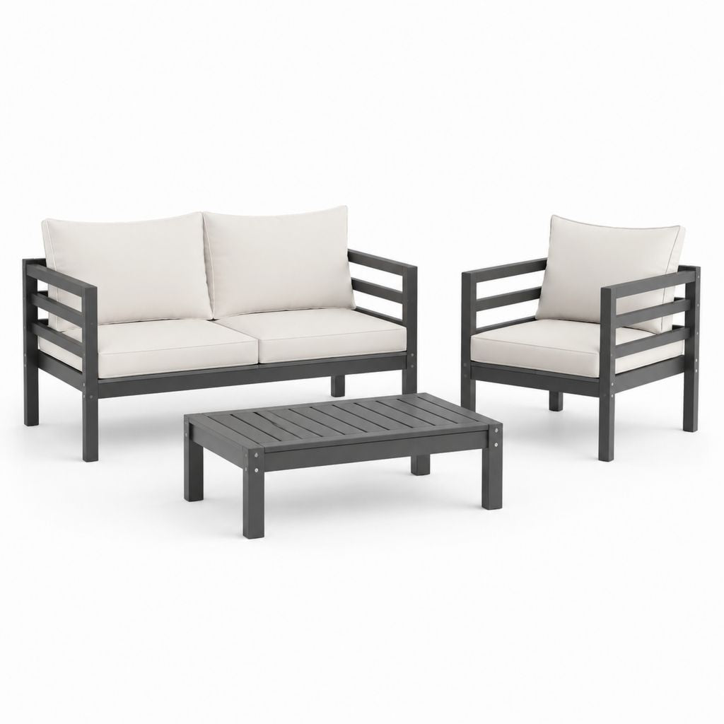 Set salotto da giardino 3 pezzi grigio antracite in acciaio con cuscini beige tavolino rettangolare 100 x 60 cm