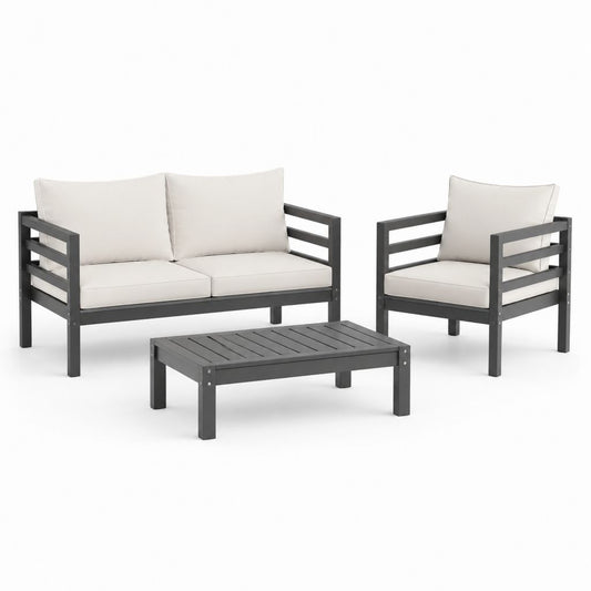 Set salotto da giardino 3 pezzi grigio antracite in acciaio con cuscini beige tavolino rettangolare 100 x 60 cm
