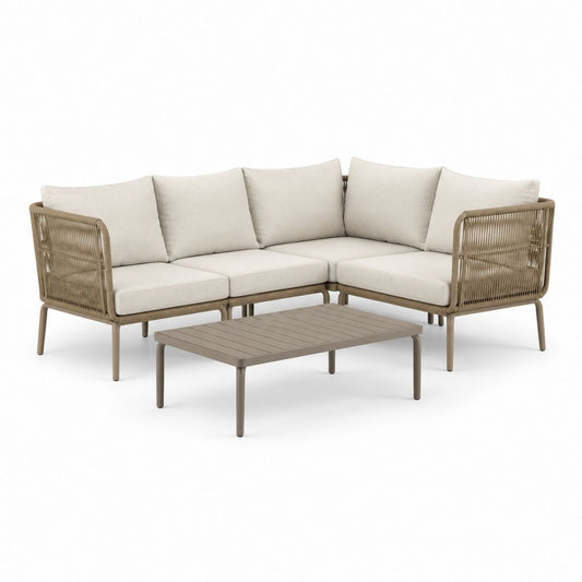 Set divano angolare da giardino 3 pezzi beige e tortora in alluminio e corda PE 230 x 230 x 78 cm
